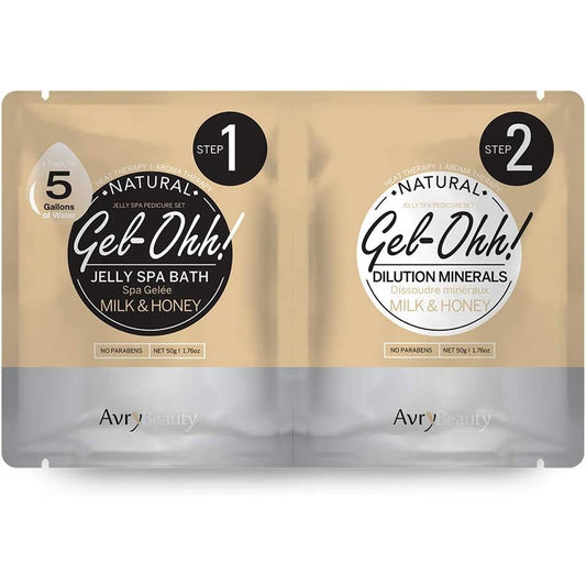 AvryBeauty Gel-Ohh Jelly Spa Milk and Honey package front view showing the premium two-step pedicure soak system.