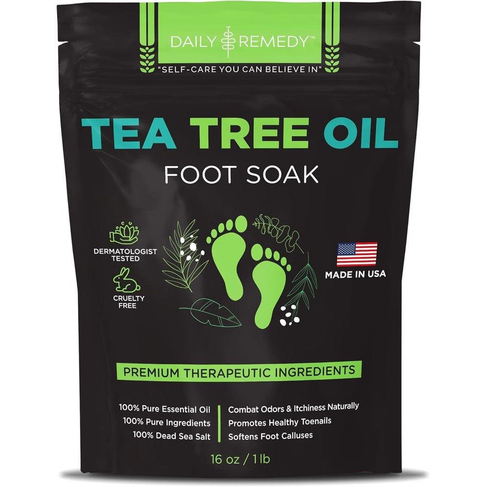 Daily Remedy Tea Tree Oil Foot Soak sixteen ounce package front view showing brand logo and product benefits