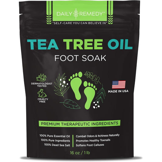 Daily Remedy Tea Tree Oil Foot Soak sixteen ounce package front view showing brand logo and product benefits