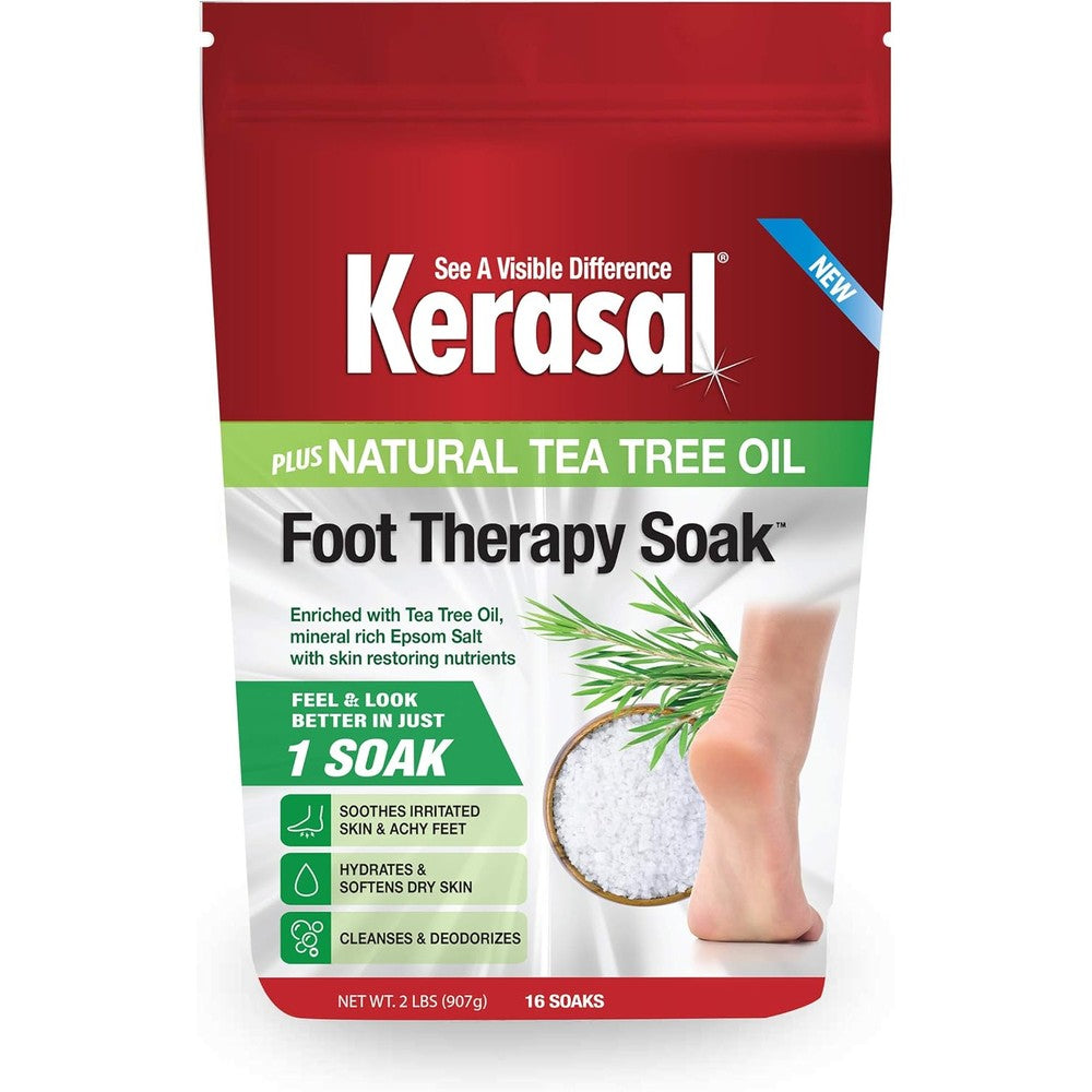 Kerasal Foot Therapy Soak two pound bag front view showing tea tree oil and Epsom salt packaging details.