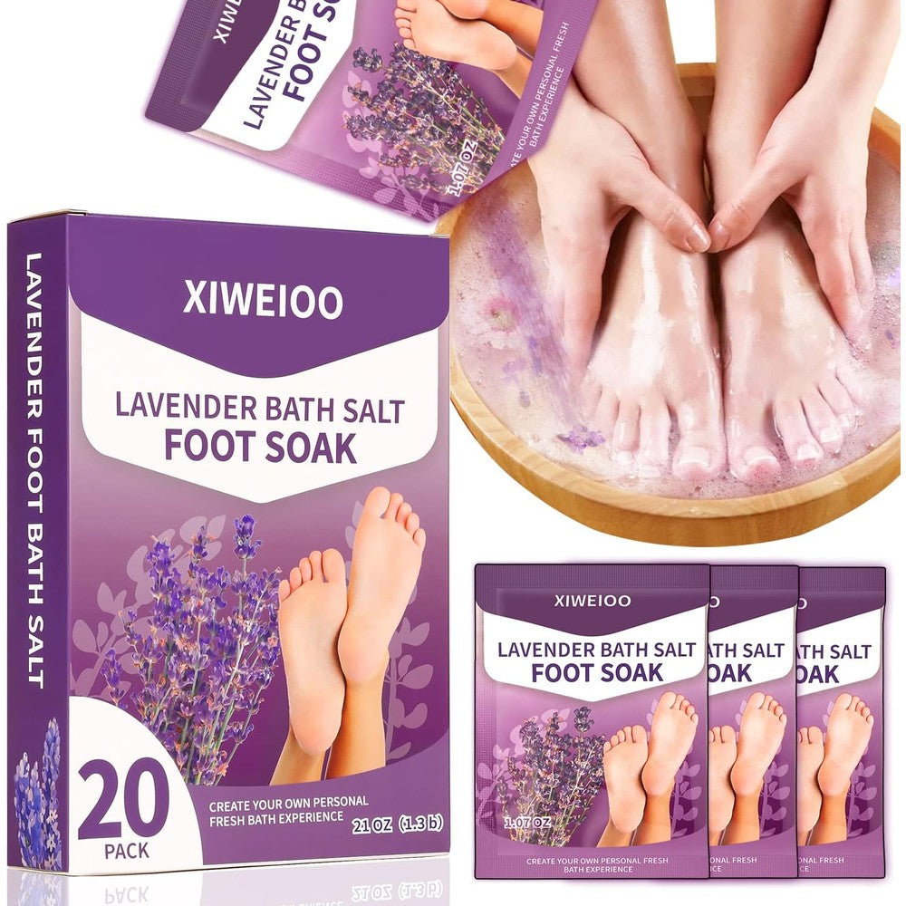 Xiweioo lavender Epsom salt foot soak 20 pack front view