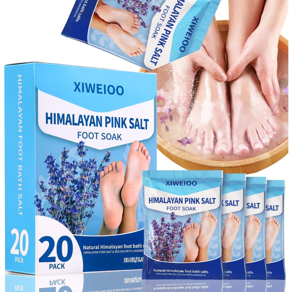 Xiweioo 20 pack Himalayan pink salt foot soak kit front packaging