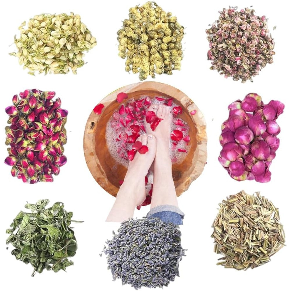 Ouliget Dried Flowers Pedicure Foot Soak Kit front view with 8 bags