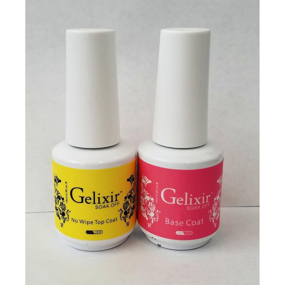 Gelixir soak off gel base and no wipe top coat bottles front view