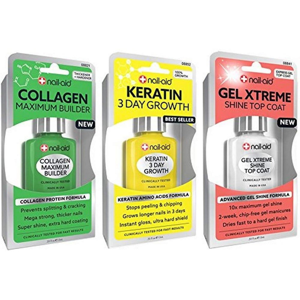 Nail Aid 3 piece set featuring Collagen Base Keratin Growth and Gel Top Coat for healthy nail growth