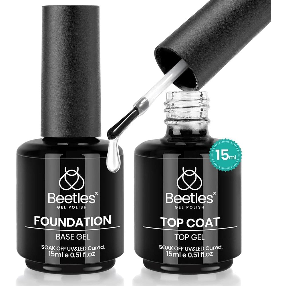 Beetles Gel Polish top coat and base coat bottles front view