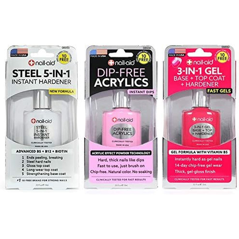 Nail-Aid 3-Piece Steel Hardener and Dip-Free Acrylic Set front view showing bottles