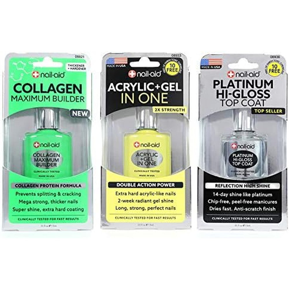 Nail-Aid 3-Pack Collagen Base Acrylic Gel and Platinum Top Coat set for professional nail care