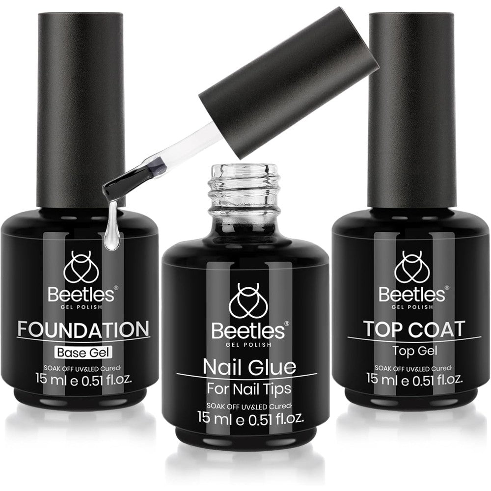 Beetles 3-piece gel base top coat and nail glue set front view