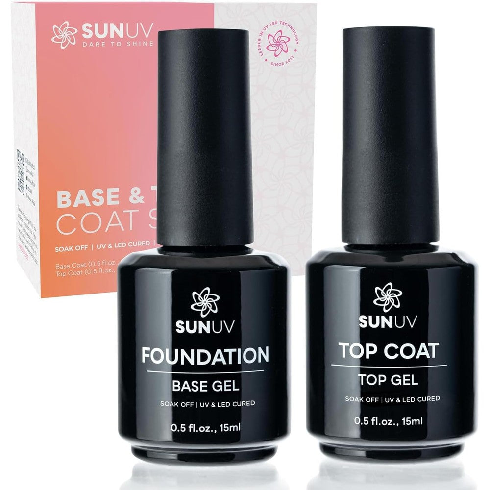 SUNUV gel top coat and base coat set front view showing two packaging bottles