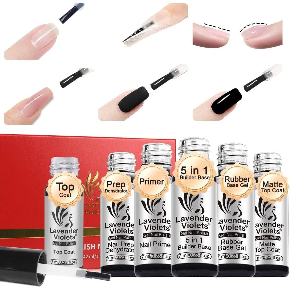 Lavender Violets 6 Piece Gel Base and Top Coat Set front view of product packaging and bottles for at home manicure preparation.