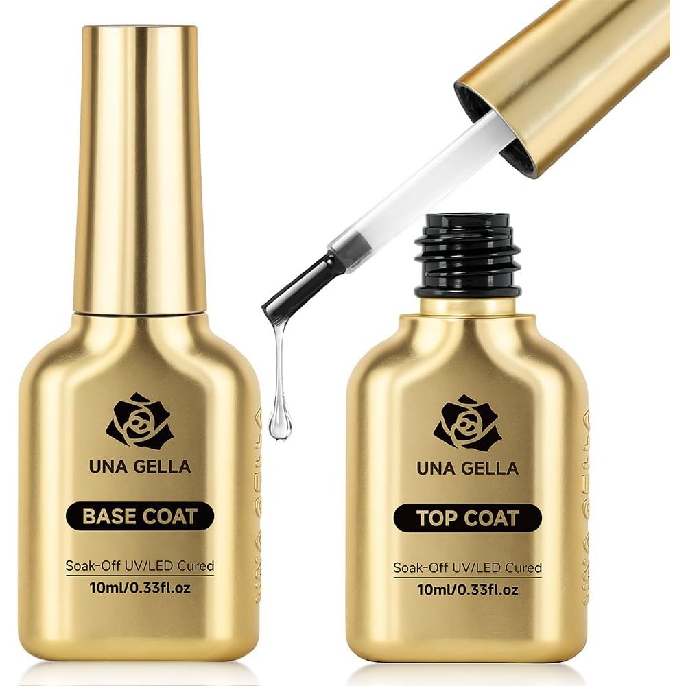 UNA GELLA No Wipe Gel Top Coat and Base Coat Set front view showing two black bottles with clear labels
