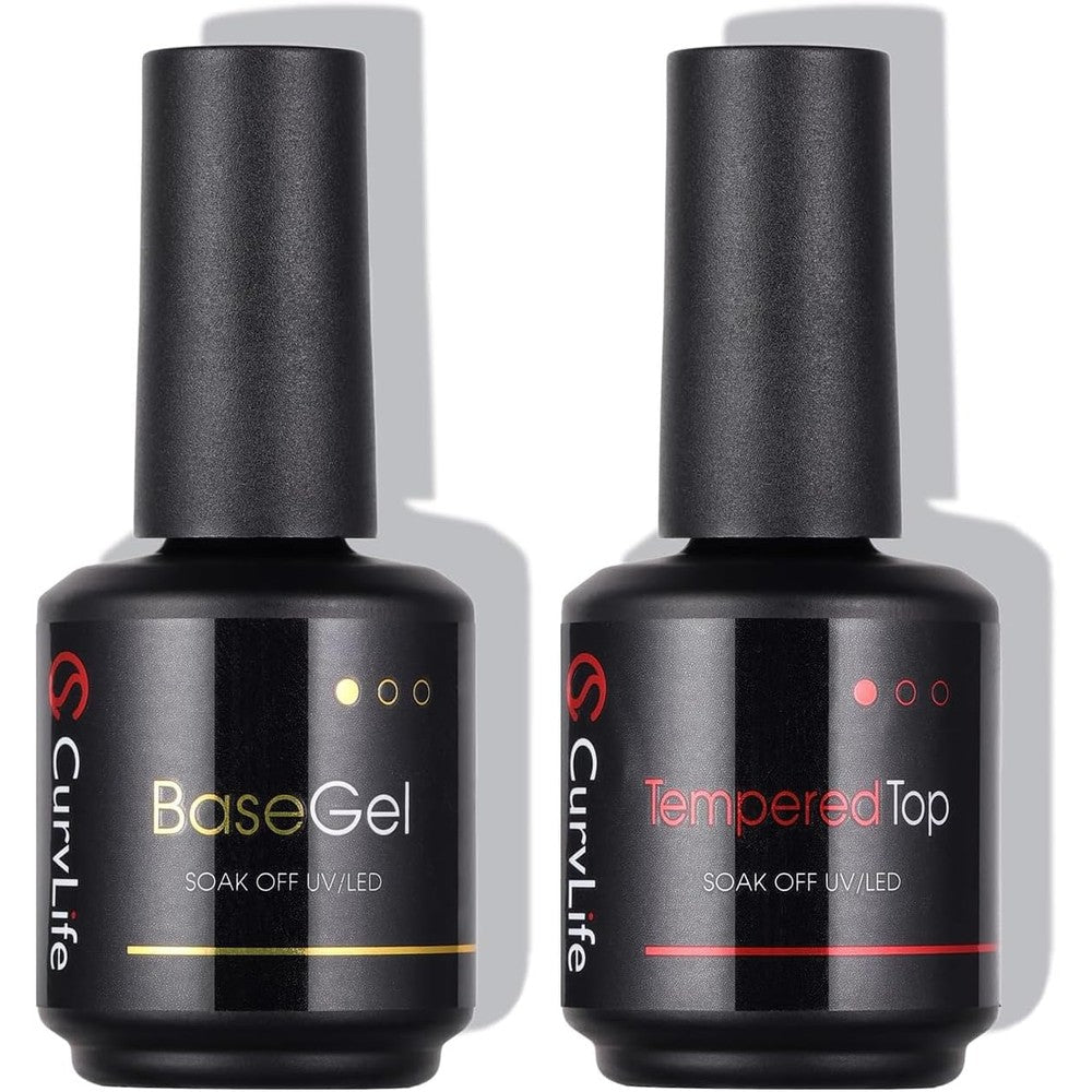 CurvLife No Wipe Top Coat and Base Gel Set front view showing the 15ml bottles.
