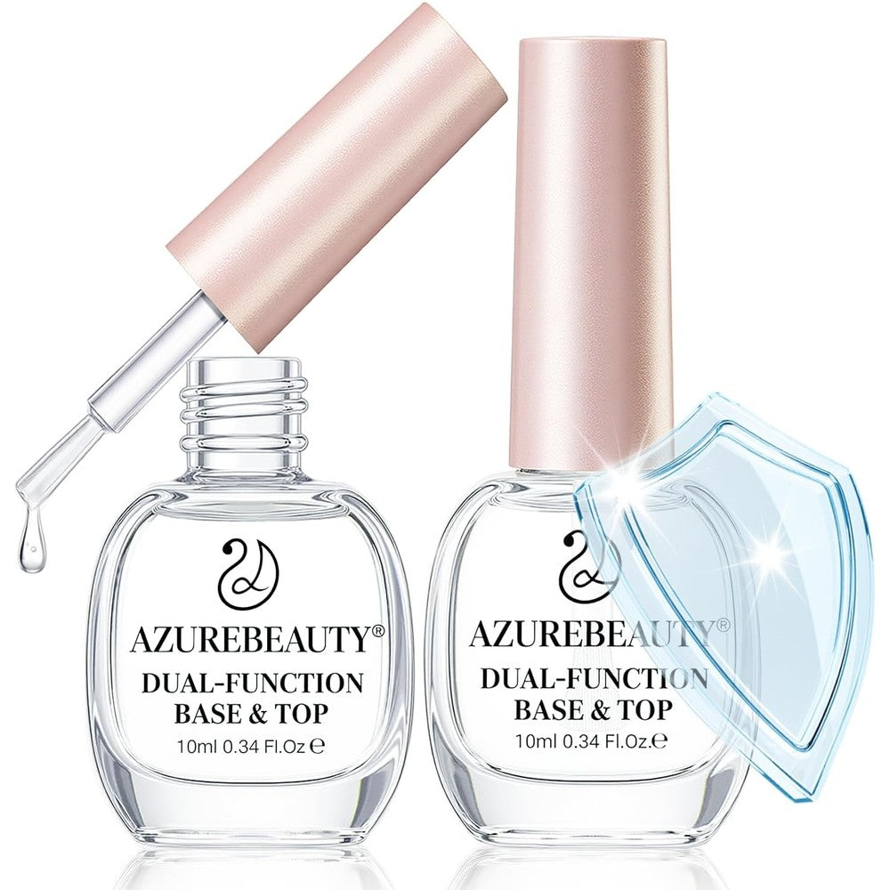 AZUREBEAUTY 2-in-One Clear Base and Top Coat Nail Polish Strengthener Set front view showing two 10ml bottles.