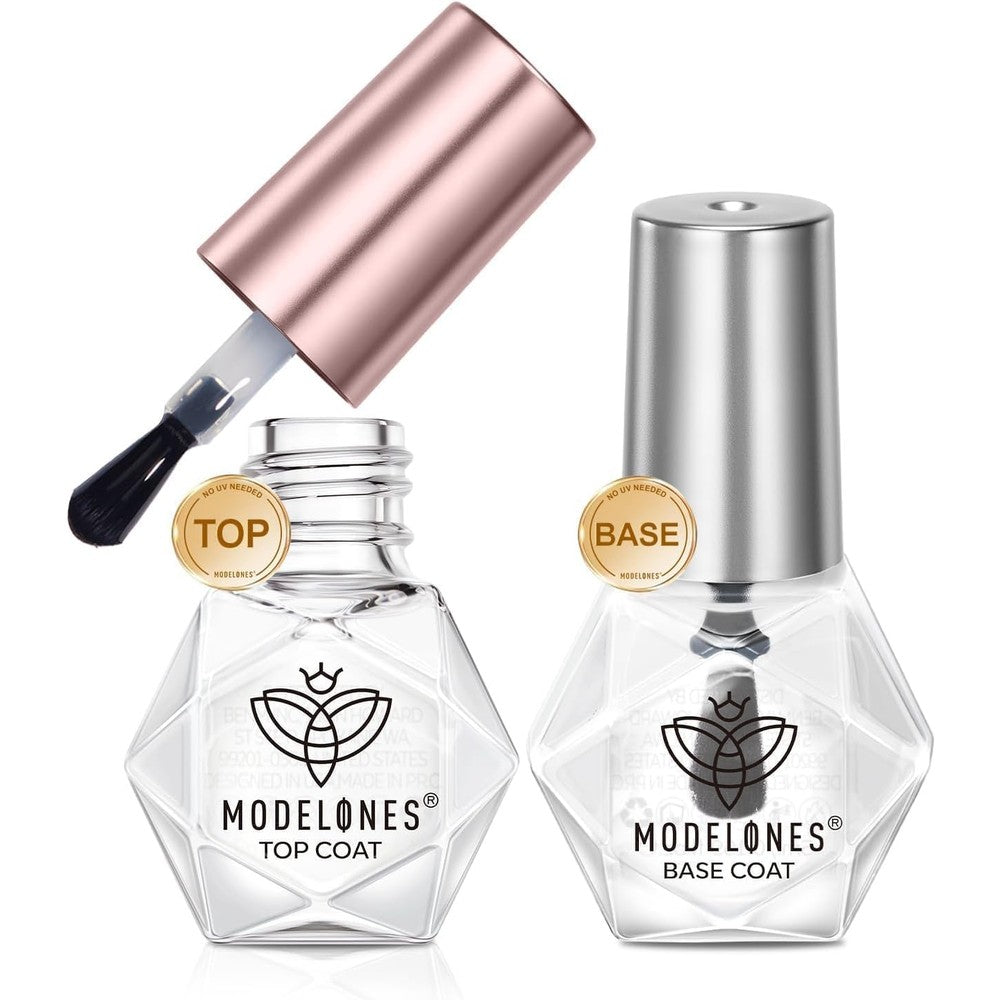 Modelones clear quick dry top coat and base coat nail polish bottles front view