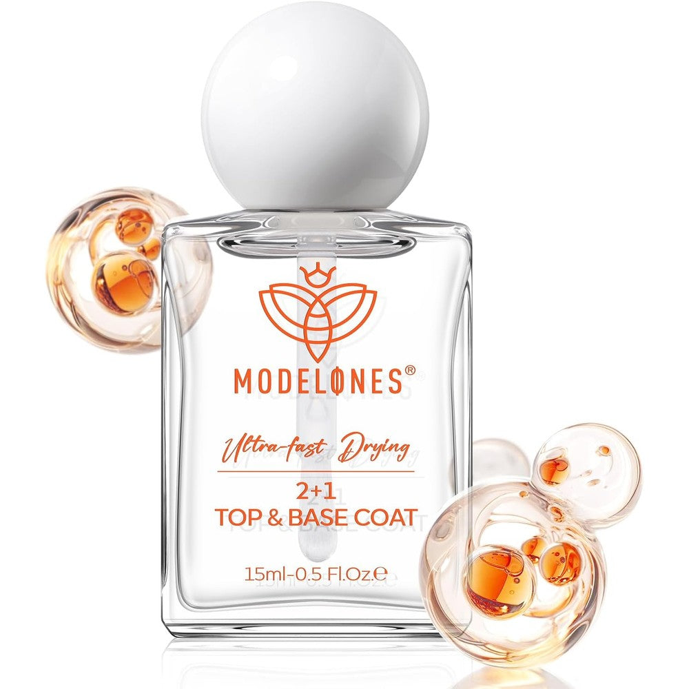 Modelones 3-in-One clear nail polish front view of the fifteen milliliter bottle showcasing the brand label.