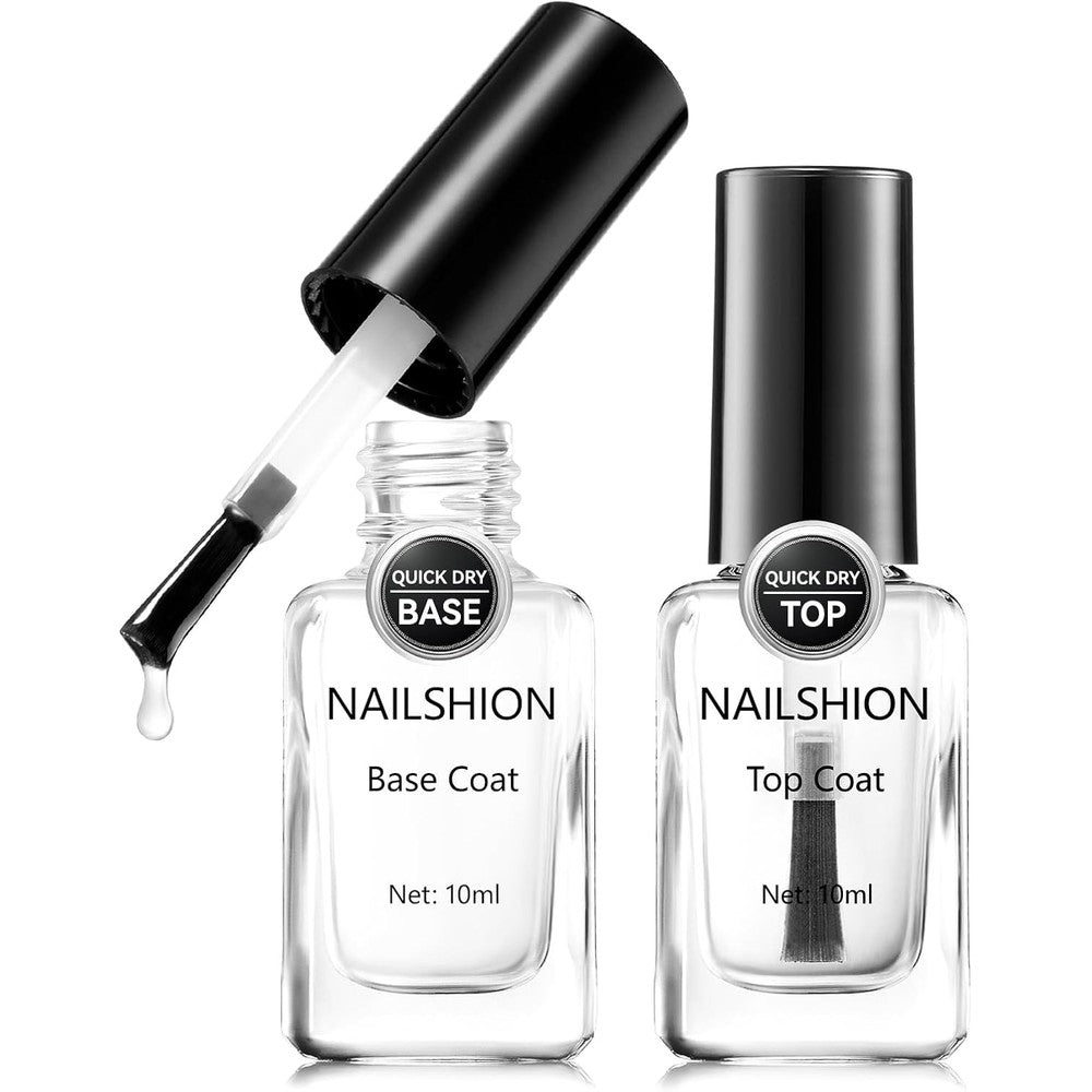Nailshion base coat and top coat regular nail polish clear bottles front view