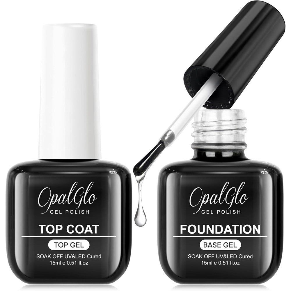 OpalGlo New Year gel nail polish kit front view featuring shimmer base coat and no wipe top coat bottles on a clean white background
