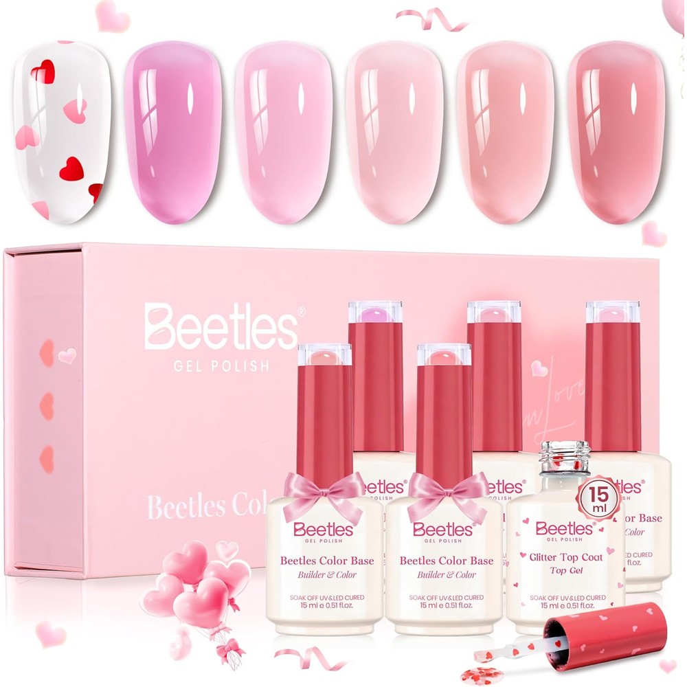 Beetles Gel Polish Rubber Base and Heart Top Coat packaging front view showcasing romantic limited edition styling.