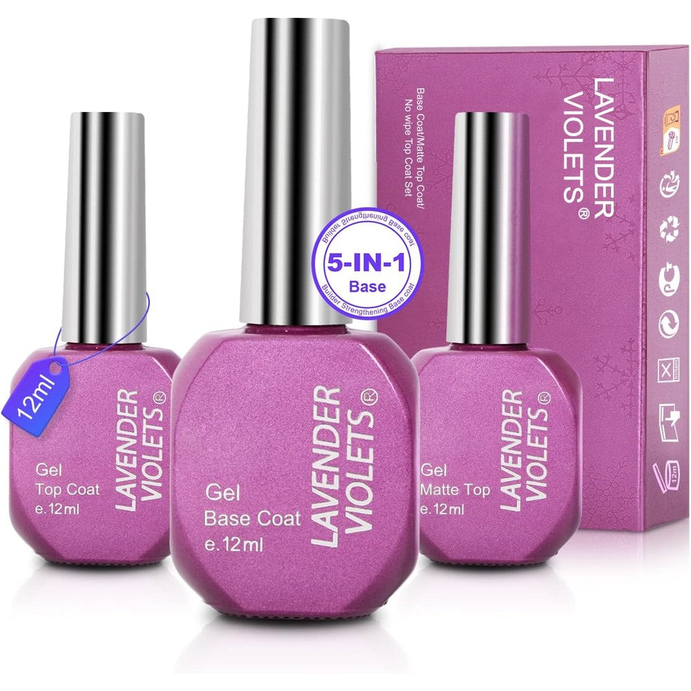 Lavender Violets Gel Nail Polish Base and Top Coat Set front view showing three twelve milliliter bottles for professional manicures.