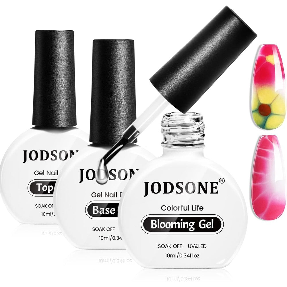 JODSONE three piece base coat top coat blooming gel set front view showcasing the three bottles together for professional gradient nail art creations.
