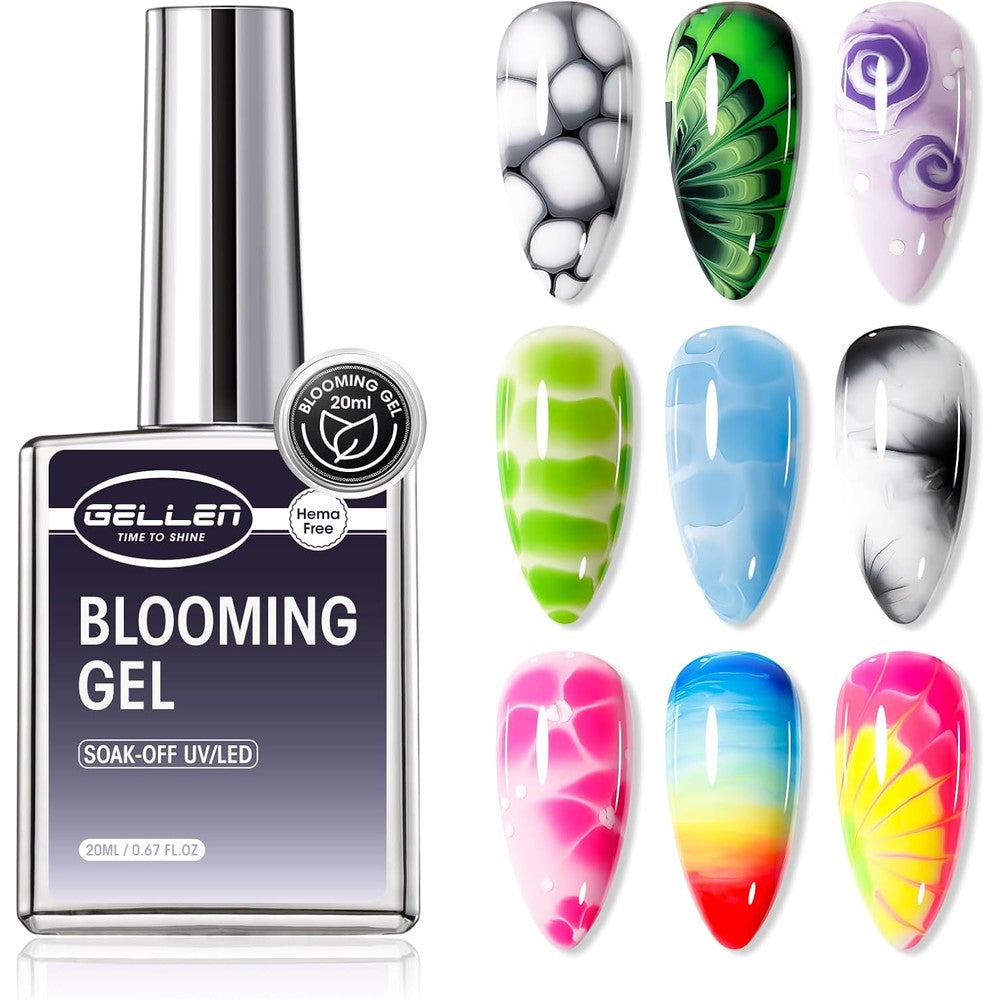 Gellen Hema Free Blooming Gel front view bottle of clear salon grade nail polish for spreading effects