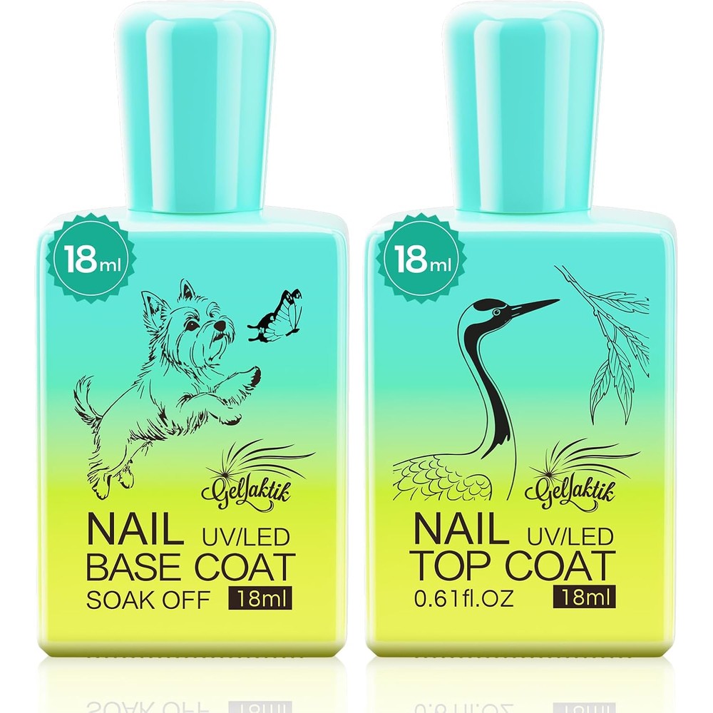 Kalatika Gellaktik gel base coat and pink glossy top coat set front view showing two eighteen milliliter bottles with a terrier graphic.