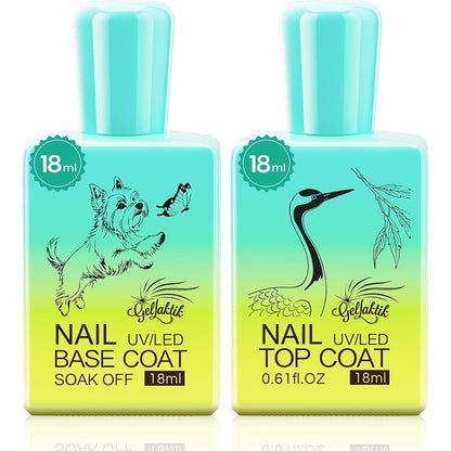 Kalatika Gellaktik gel base coat and pink glossy top coat set front view showing two eighteen milliliter bottles with a terrier graphic.