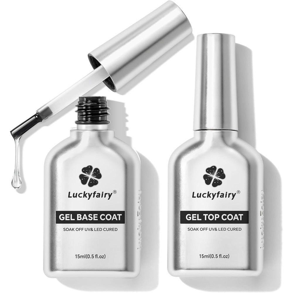 Luckyfairy No Wipe Gel Top Coat and Base Coat Set front view showing two square black bottles on a clean background.