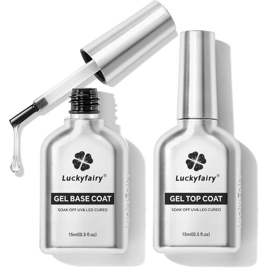 Luckyfairy No Wipe Gel Top Coat and Base Coat Set front view showing two square black bottles on a clean background.