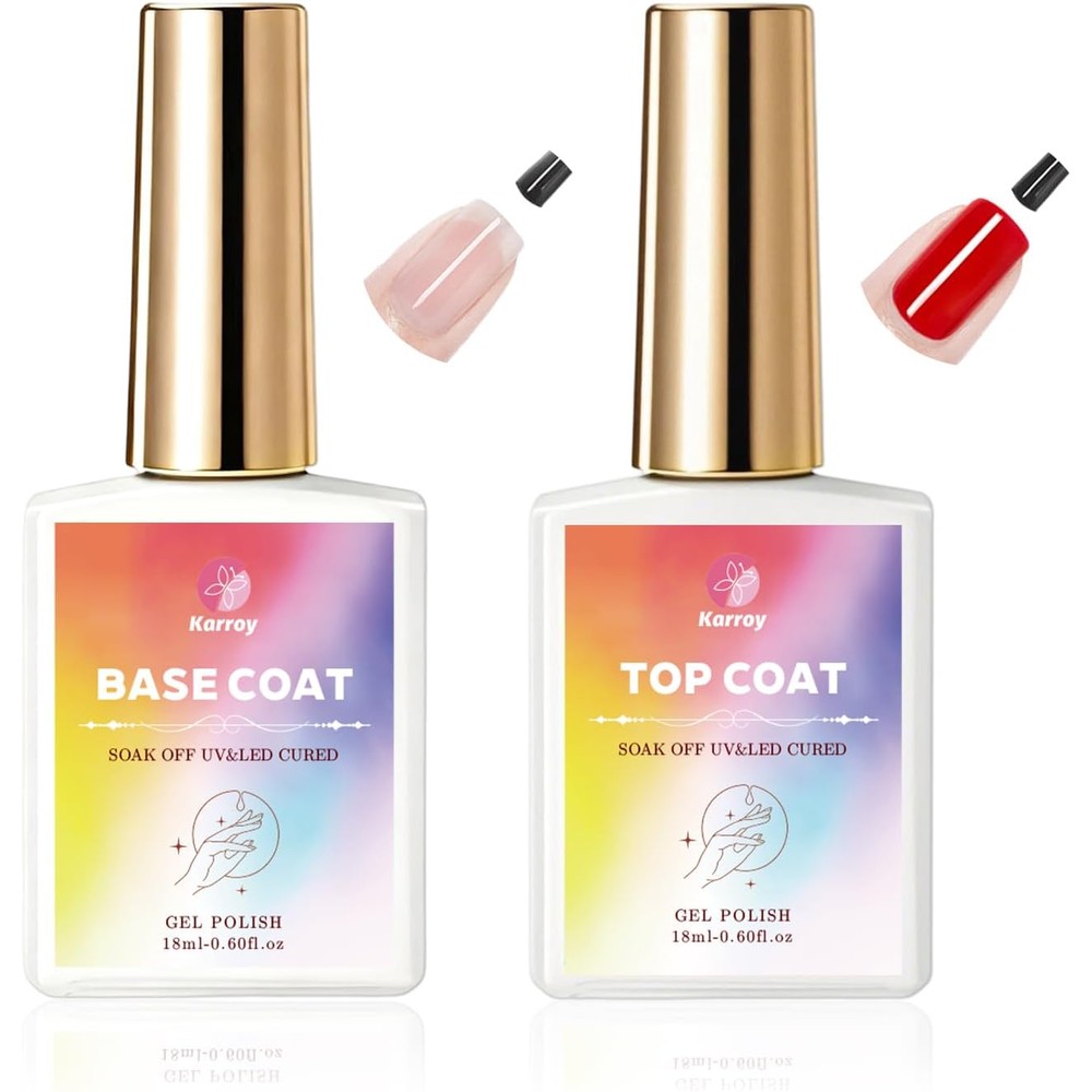 Modelones Karroy gel polish top coat and base coat set front view displaying the two premium eighteen milliliter amber glass bottles.