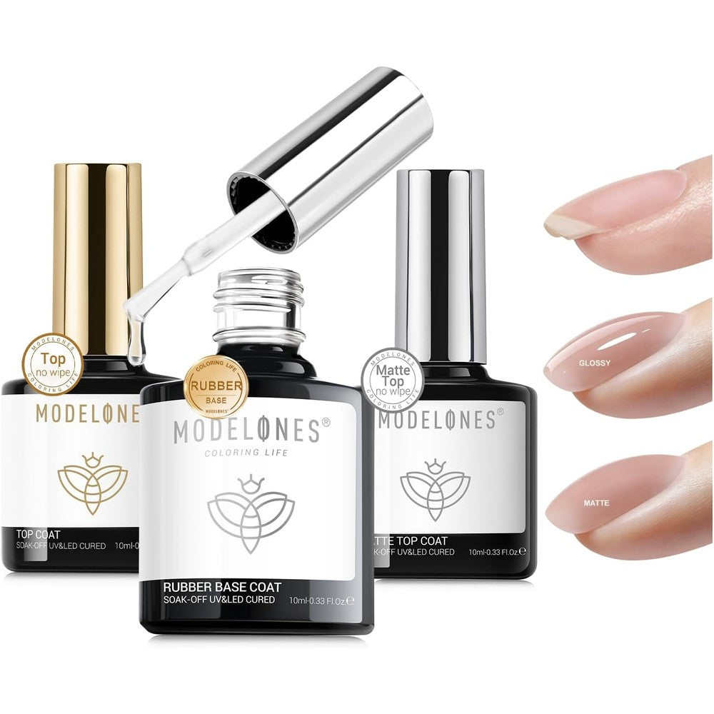 Modelones Gel Nail Polish Top Base Coat Set front view showing three bottles containing rubber base, glossy clear, and matte top coats.