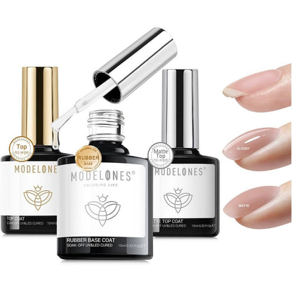 Modelones Gel Nail Polish Top Base Coat Set front view showing three bottles containing rubber base, glossy clear, and matte top coats.