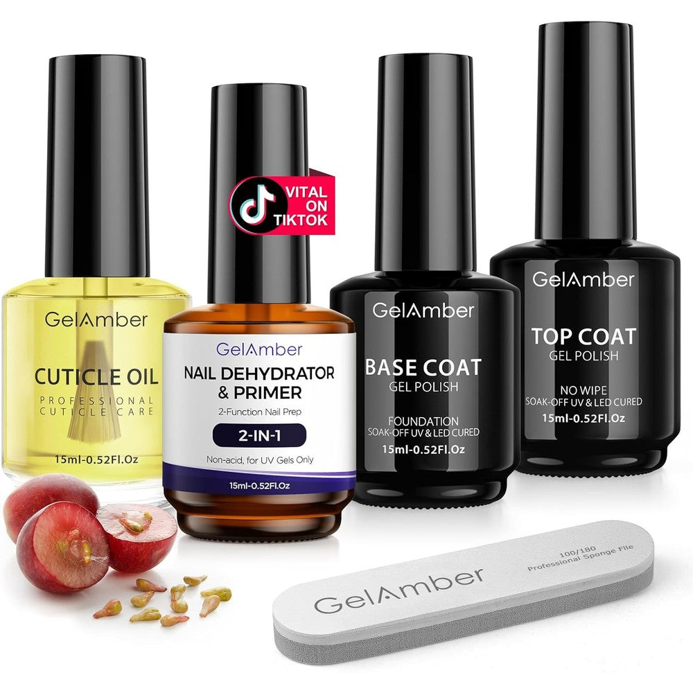 GELAMBER 4-Piece Professional Nail Prep Set front view featuring four fifteen milliliter bottles with cuticle oil and a nail file.