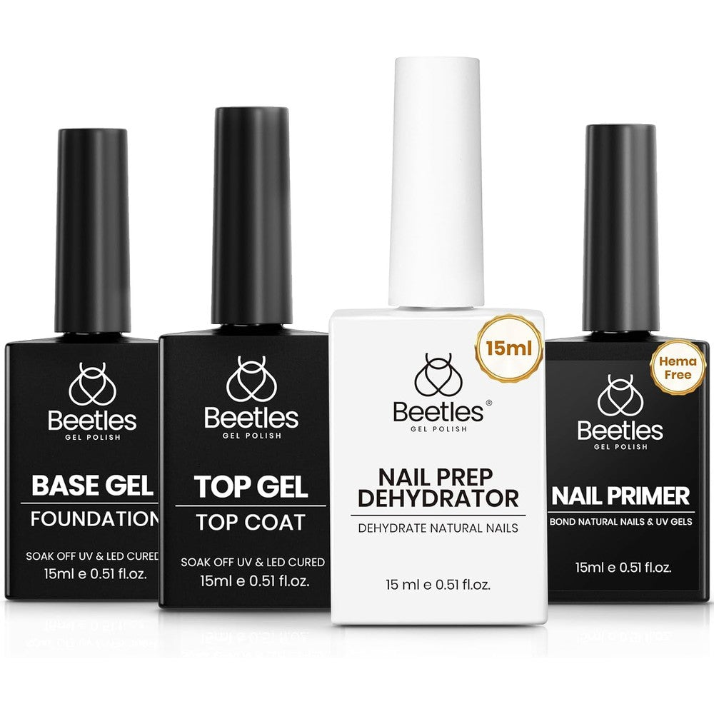 Beetles Gel Polish 4 Piece Prep Set front view showing bottles of dehydrator primer base and top coat
