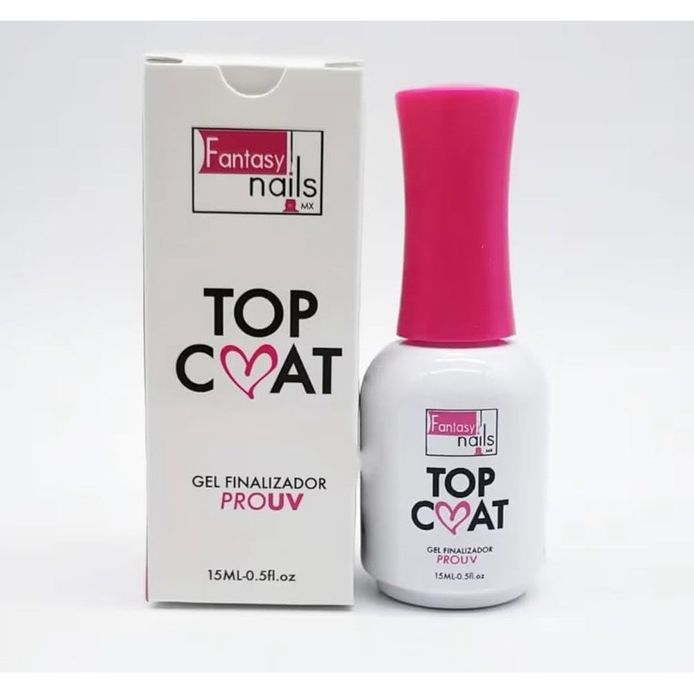 Fantasy Nails Top Coat Gel Finalizador ProUV bottle with pink cap front view professional nail polish sealer