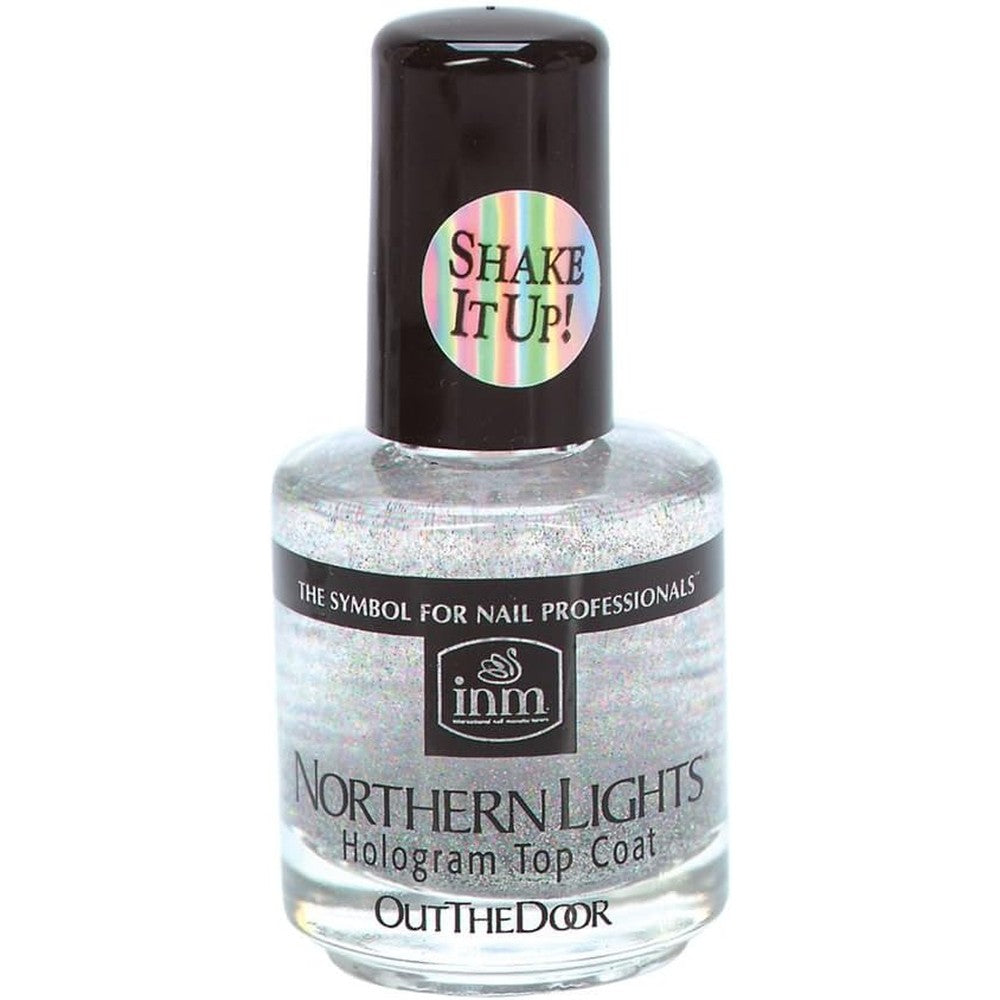 INM Northern Lights Silver Hologram Top Coat front view bottle showing holographic glitter consistency
