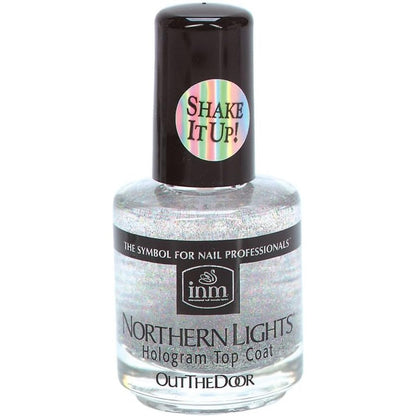 INM Northern Lights Silver Hologram Top Coat front view bottle showing holographic glitter consistency