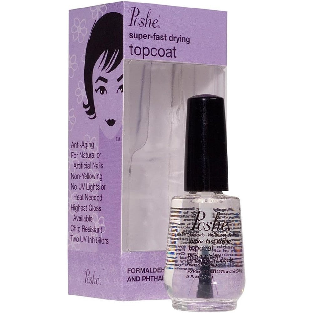 Poshe Super Fast Drying Top Coat 0.5 Fluid Ounce front view bottle for fast drying manicures