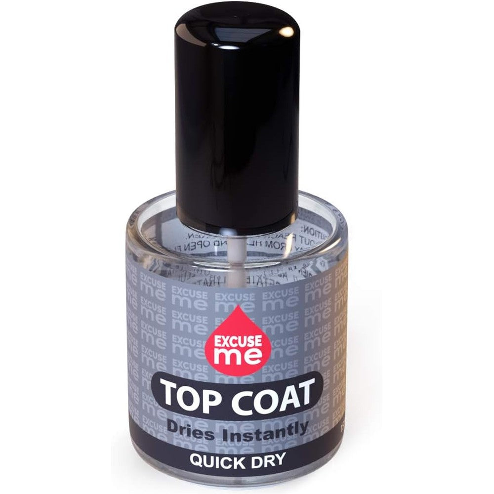 Excuse Me quick dry fast drying super shiny nail polish top coat front view clear glass bottle