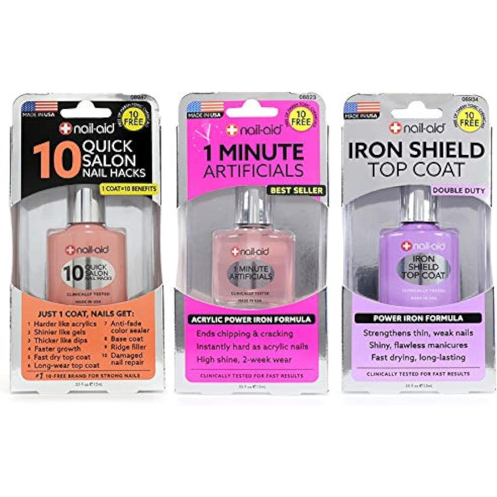 Nail-Aid 3-Pack including Quick Hacks, 1 Minute Artificials, and Iron Shield Top Coat front view bottle set.
