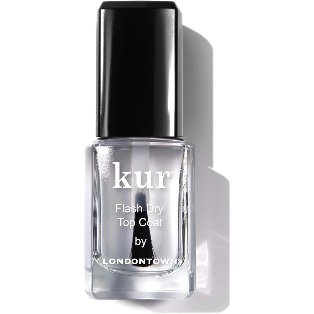 LONDONTOWN Kur Flash Dry Top Coat front view clear bottle with wide brush