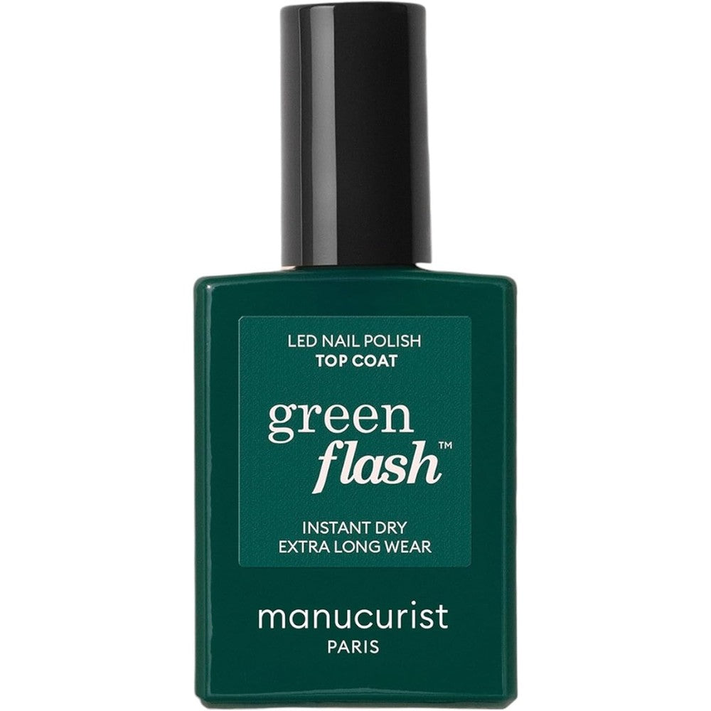 Manucurist Green Flash Vegan LED Gel Nail Polish Top Coat front view bottle showing premium French packaging
