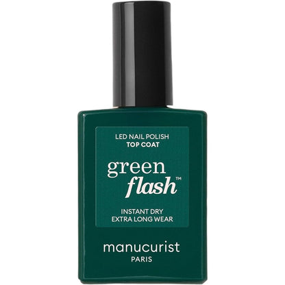 Manucurist Green Flash Vegan LED Gel Nail Polish Top Coat front view bottle showing premium French packaging