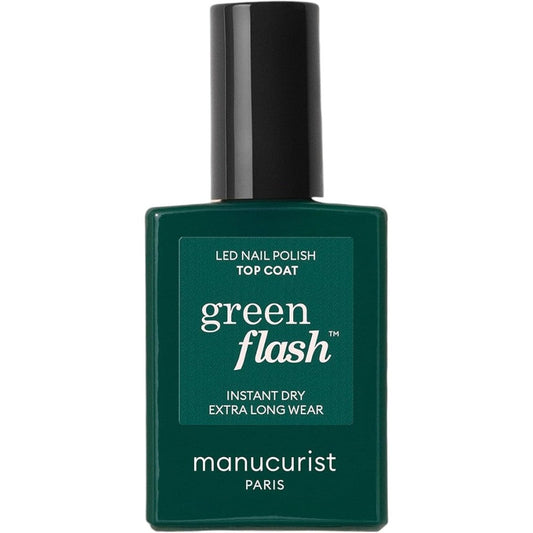 Manucurist Green Flash Vegan LED Gel Nail Polish Top Coat front view bottle showing premium French packaging
