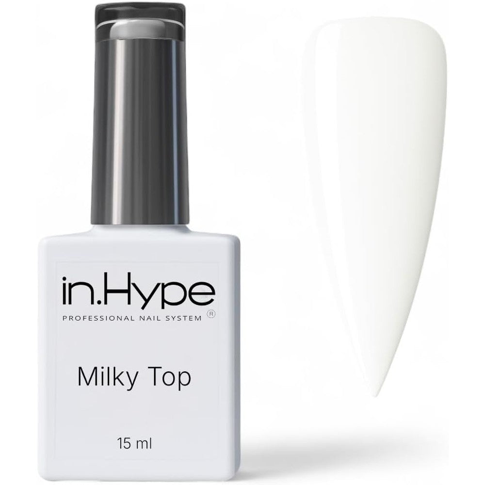 IN.HYPE Gel Cover Top Coat Milky front view bottle highlighting professional non wipe formula.