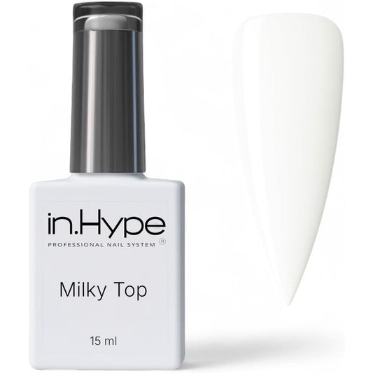 IN.HYPE Gel Cover Top Coat Milky front view bottle highlighting professional non wipe formula.