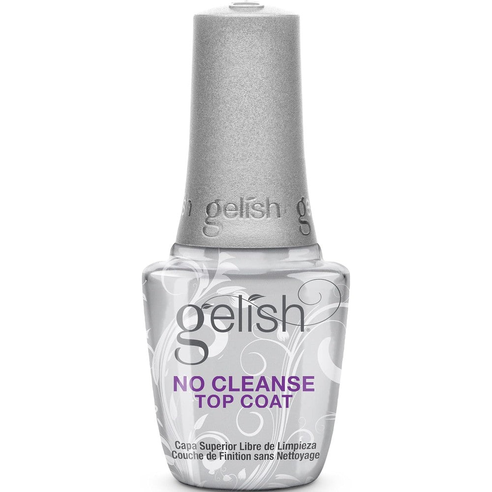 Gelish No Cleanse Top Coat 15ml bottle front view for professional glossy gel manicures.