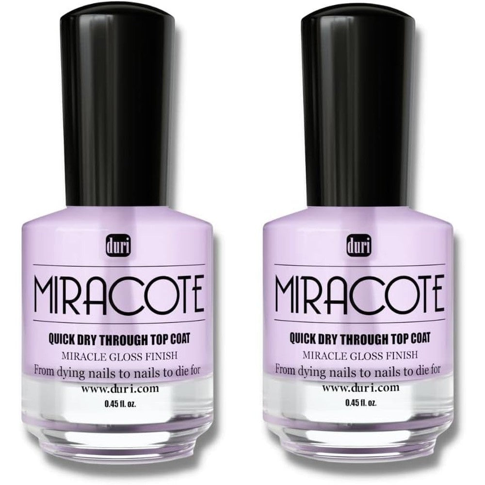 Duri Miracote Quick Dry Top Coat pack of two front view clear glass bottles showing brand logo.