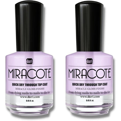 Duri Miracote Quick Dry Top Coat pack of two front view clear glass bottles showing brand logo.